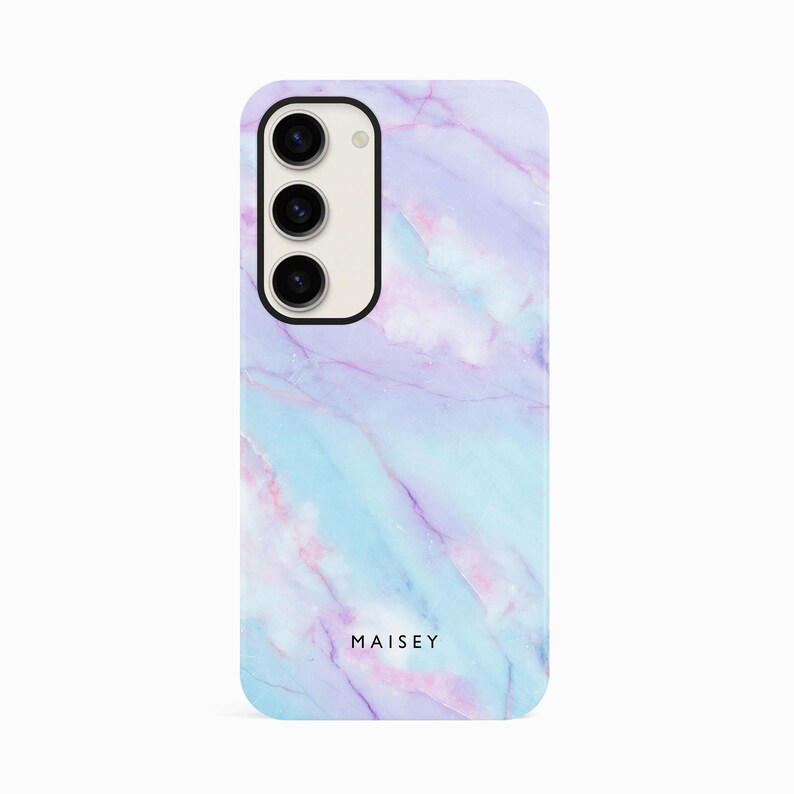 a purple and blue marble phone case with the name maisey on it