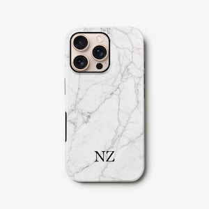 Klassiek wit marmer iPhone 16-hoesje, gepersonaliseerd hoesje voor iPhone 15, 14, 13, aangepaste initialen Premium harde telefoonhoes voor Samsung S24, S23, S22