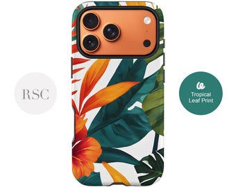 Orangefarbene iPhone- und Samsung-Hülle mit tropischem Flair: Modernes Blumenmuster, matt oder glänzend