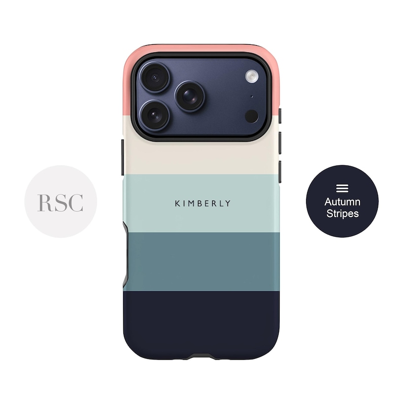 a colorful phone case with a gradient design, including shades of blue, pink, and gray. The case has a camera lens on the back and the name "KIMBERLY" printed on it.