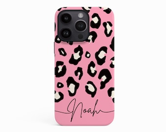 May include: Pink phone case with a black and white leopard print design. The case has a black camera lens cutout and the name "Noah" in a cursive font at the bottom.