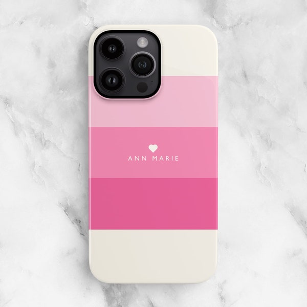 Pink Stripes iPhone 14 Pro case, Personalised 15 13 12 Mini 11 Se 2022 / Samsung S23 S22 S21 Fe custom heart and name striped pattern cover