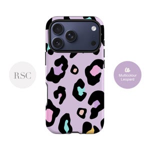 Purple Leopard Print Phone Case for iPhone 16, 15, 14, 13, 12, Samsung S24, S23, S22 Multicolour Spot Pattern Cover