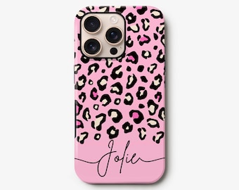 Pink Leopard Print Phone Case: Personalized Cursive Name Hard Cover