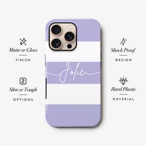 Purple Stripe iPhone 16 Plus Case, Personalised Cursive Name 15 Pro Max, 14, 13, Samsung S24 Ultra, S23, S22 Cover image 2