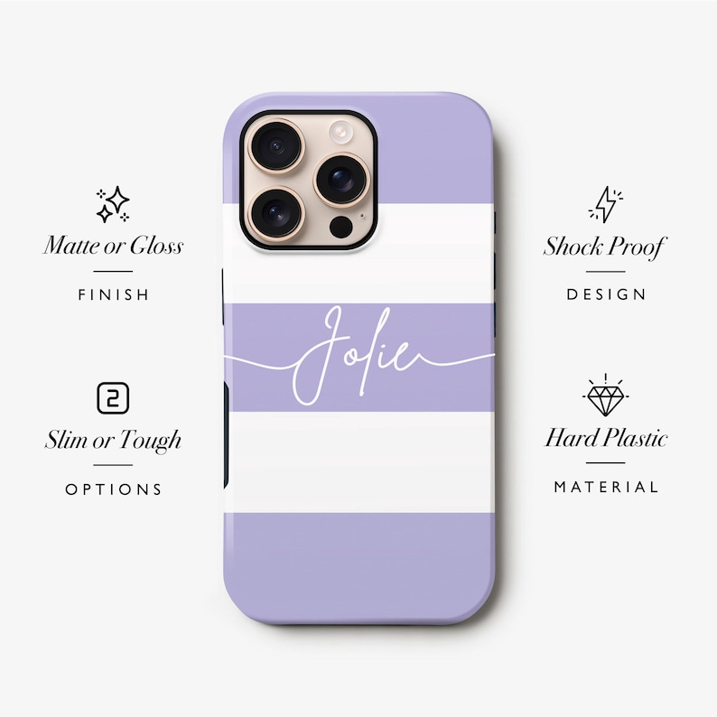 Purple Stripe iPhone 16 Plus Case, Personalised Cursive Name 15 Pro Max, 14, 13, Samsung S24 Ultra, S23, S22 Cover image 2