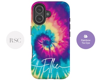 Rainbow Tie Dye Phone Case, iPhone 16, 15, 14, 13, Samsung S24, S23, S22 Personalised Name Cover Gift