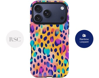 Custodia per telefono con stampa leopardata arcobaleno: sottile o resistente per iPhone, Samsung, Pixel Cover