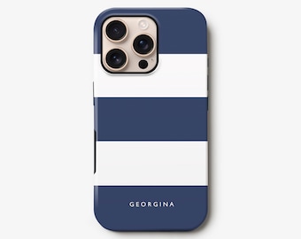Navy stripes iPhone 16 case, 15 14,, 13 pro max 12, custom name hard phone cover, Samsung S24, S23, S22 personalised premium case