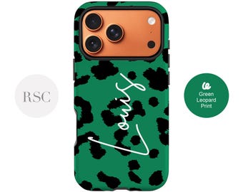 Green Leopard Print Phone Case, iPhone 16, 15, 14, 13 Pro Max, S24, S23 Ultra, S22 Matte or Gloss Winter Vibes Cover