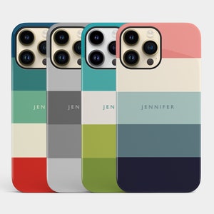 May include: Four iPhone cases with different color block patterns. The cases are all the same design, but with different color combinations. The cases are labeled with the names "Jen" and "Jennifer".