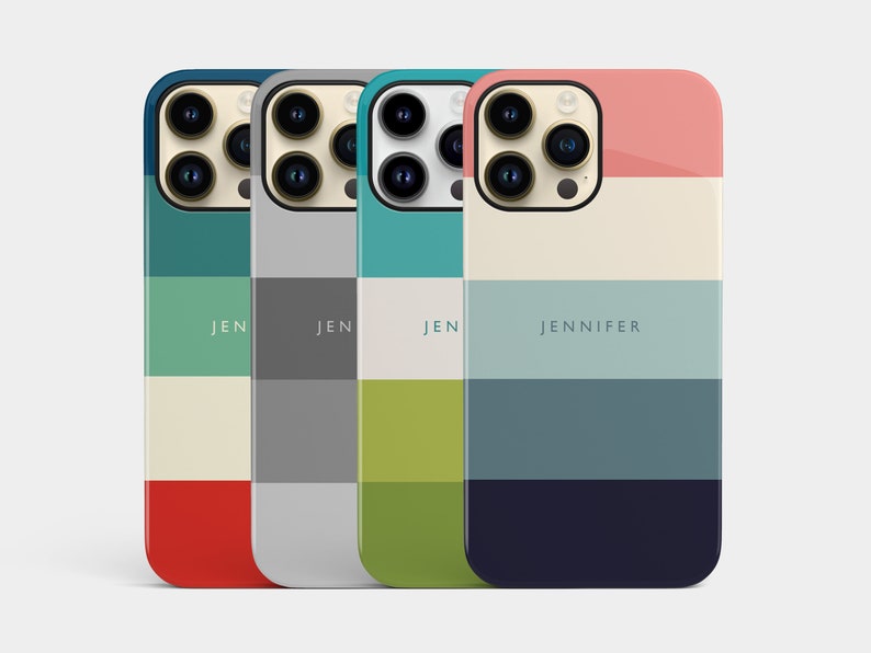 May include: Four iPhone cases with different color block patterns. The cases are all the same design, but with different color combinations. The cases are labeled with the names "Jen" and "Jennifer".