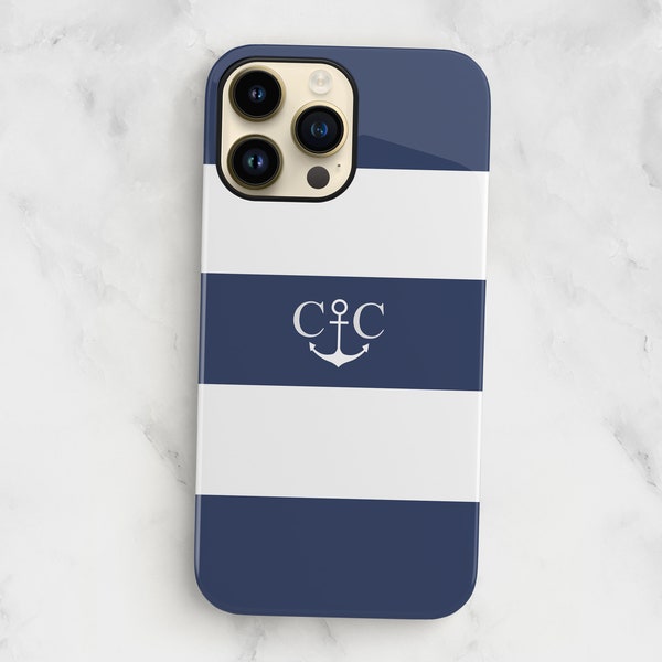 Custom Anchor iPhone 14 case, Nautical navy stripe personalised 13 pro 12 mini Xs 11 case, Samsung Galaxy S22 S21 S20 S10 cover