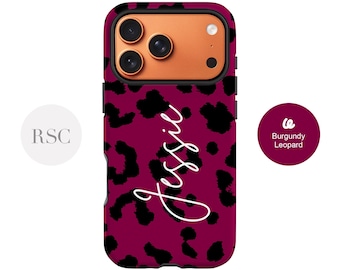 Burgundy iPhone 16 case, leopard Print 13, 12, 14 pro max cover, personalised name S20 Fe S21 S22 Plus maroon phone case