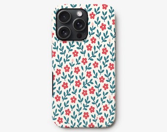 Ditsy Poppy Print Phone Case: Red Teal Floral Cover, Slim or Tough