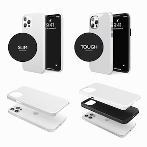 May include: Two white iPhone cases, one labeled "SLIM" and the other "TOUGH". The "TOUGH" case is shown disassembled, revealing a black inner layer.