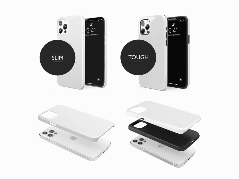 May include: Two white iPhone cases, one labeled "SLIM" and the other "TOUGH". The "TOUGH" case is shown disassembled, revealing a black inner layer.