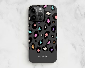 Grey Leopard iPhone 13 case, custom name rainbow spots 15 14 plus / 12 / 11 / Samsung S23 / S22 / S21 fe black animal print hard slim cover