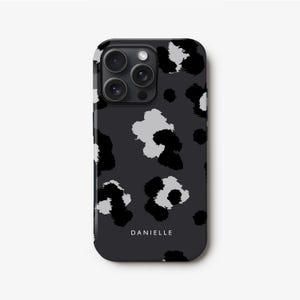Donkergrijze telefoonhoesje met luipaardprint, iPhone 15, 14 Pro, 13, 12 mini gepersonaliseerde naam stijlvolle slanke harde plastic hoes, S23, S22