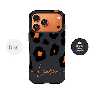 Orange Leopard Print iPhone Case: 17, 16 Pro Personalised Grey Cover