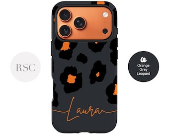 Custodia per iPhone con stampa leopardata arancione: cover grigia personalizzata per iPhone 17 e 16 Pro
