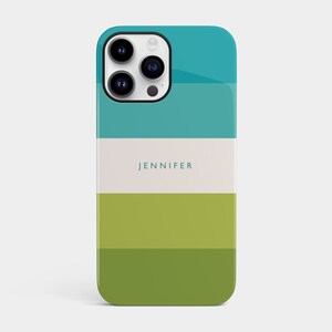May include: A teal, white, and green striped phone case with the name "JENNIFER" printed on the white stripe.