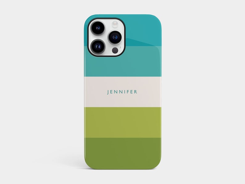 May include: A teal, white, and green striped phone case with the name "JENNIFER" printed on the white stripe.