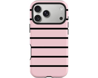 May include: A pink and black striped phone case. The case has a light pink background with horizontal black stripes. The top of the case has a black border around the camera lenses.