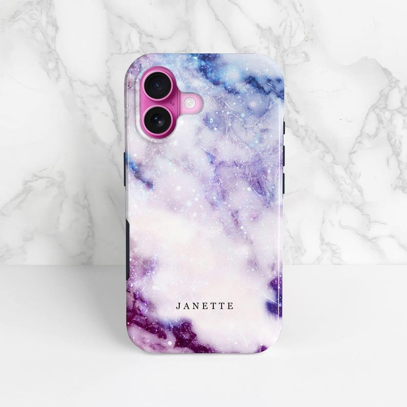 purple and blue marble pattern phone case with a personalised uppercase small name in the bottom centre, shown against a marble background