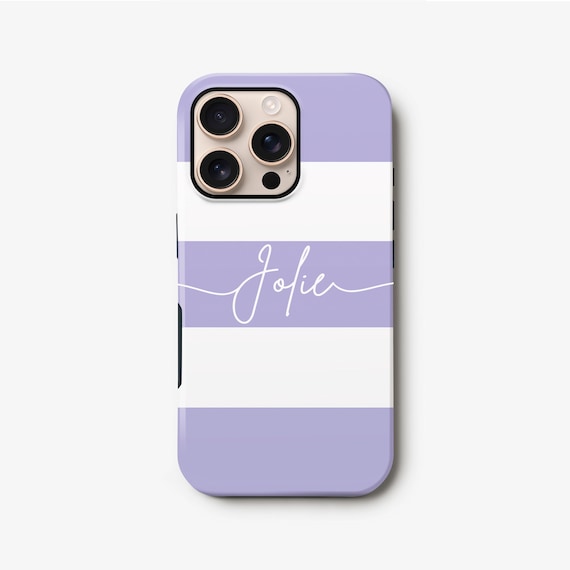 Purple Stripe iPhone 16 Plus Case, Personalised Cursive Name 15 Pro Max, 14, 13, Samsung S24 Ultra, S23, S22 Cover