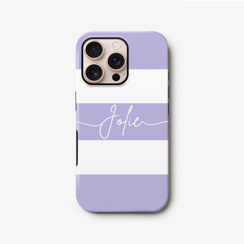 Purple Stripe iPhone 16 Plus Case, Personalised Cursive Name 15 Pro Max, 14, 13, Samsung S24 Ultra, S23, S22 Cover image 1