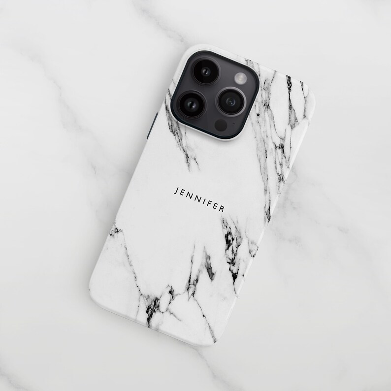 Minimalist Marble iPhone 14 / 15 Case, Custom Name Hard Plastic Phone Cover for Samsung S24, S23, S22 image 1