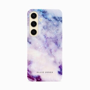 a white and purple phone case with a name on it