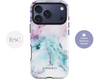 Rainbow Marble iPhone 13 / 14 case, Custom Name 15 Plus 12 11 Pro Cover, For Samsung S24 S22 S21 FE