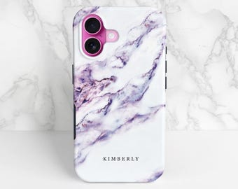 Purple Marble Personalised iPhone 16 Case, 15 Plus, 14 Pro, 13 Mini, Samsung S24 Plus, S23, S22 Ultra Custom Cover