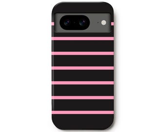May include: Black phone case with horizontal pink stripes. The case has a camera cutout at the top and is designed to fit a smartphone. The case is a solid color with a repeating pattern of pink stripes.