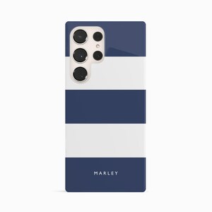 a blue and white striped phone case with the name marley on it