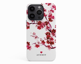 Coque hiver florale pour iPhone 15 Pro, 14 / 13 Pro Max / 12 Mini / 11 / Se / Coque Samsung S23 / S22 / S21 personnalisée vintage rouge à motif de fleurs