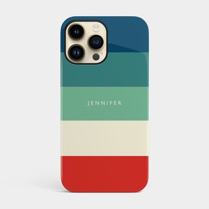 May include: A blue, green, white, and red striped phone case with the name "JENNIFER" printed on it.