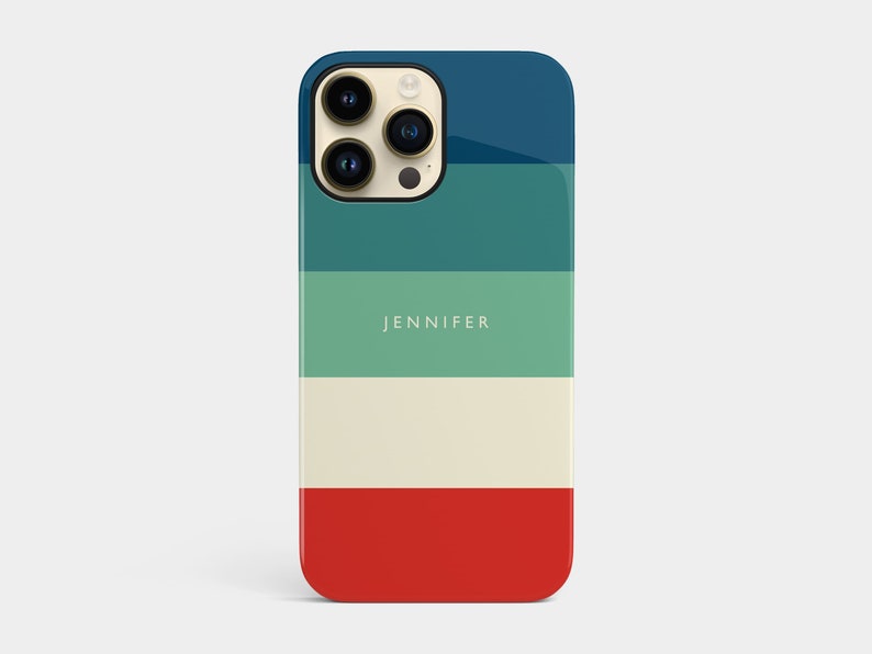 May include: A blue, green, white, and red striped phone case with the name "JENNIFER" printed on it.