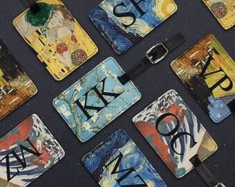 Classic Art luggage tag, Personalised travel gift UK, faux leather suitcase tag Van Gogh The Kiss Great Wave Almond Blossom Cafe Terrace