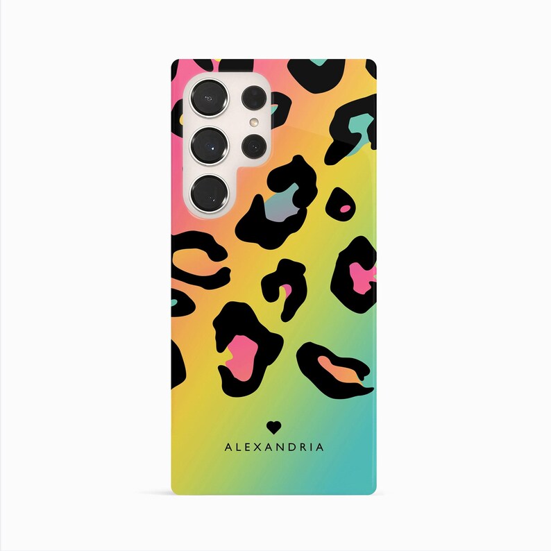 a phone case with a colorful leopard print