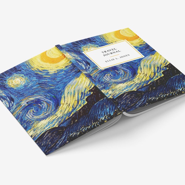 Starry Night Notebook, Personalised Van Gogh blank lined hardcover A5 sketchbook, Custom text classic artist stationary gift for art lovers