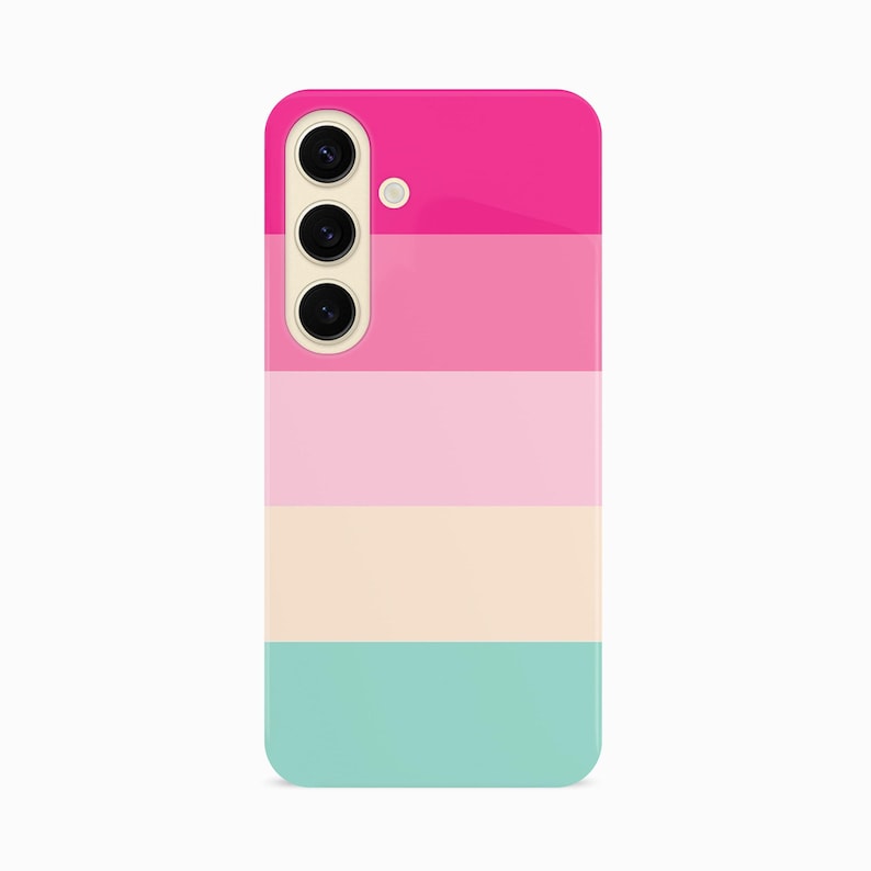a pink, blue, and green phone case on a white background
