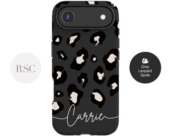 May include: Black phone case featuring a grey leopard print design. The case has a camera aperture and the name "Carrie" in cursive script. The text "Grey Leopard Spots" is also visible.