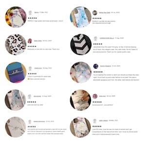 May include: A collection of customer reviews for phone cases with marble, geometric, and animal print designs. The reviews highlight the quality, fit, and design of the cases.