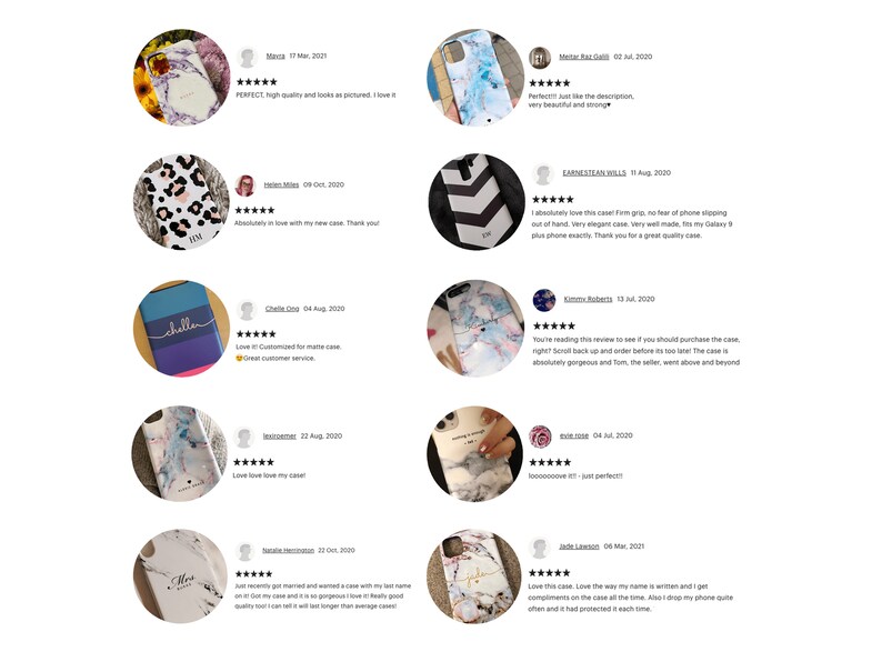 May include: A collection of customer reviews for phone cases with marble, geometric, and animal print designs. The reviews highlight the quality, fit, and design of the cases.