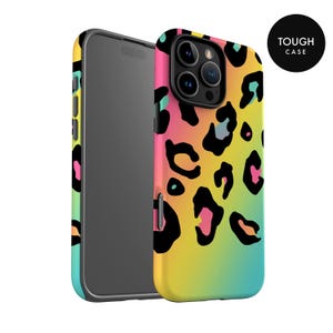 a colorful and vibrant phone case with a leopard print pattern.
