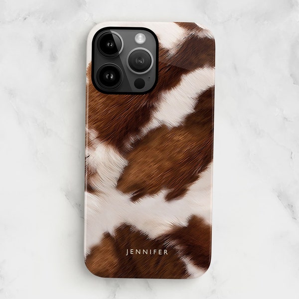 Cow print iPhone 15 / 14 / 13 / 12 case, Brown cowhide pattern Samsung S23 / S22 / S21 Ultra / S20 Fe custom name glossy hard plastic cover