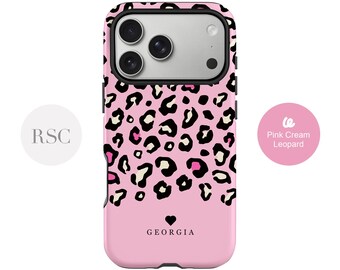 Pink Leopard Print Phone Case: Custom Cursive Name, Slim or Tough